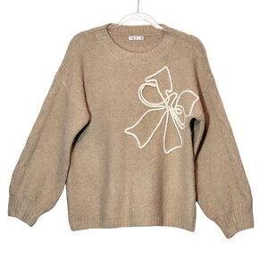 Cozy Co Beige Knit Long Sleeve Oversized Crew Neck Sweater Bow Detail S/M Chic